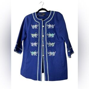 Bob Mackie Blue Elephant Embroidered Jacket Women's M Art To Wear Cotton Texture